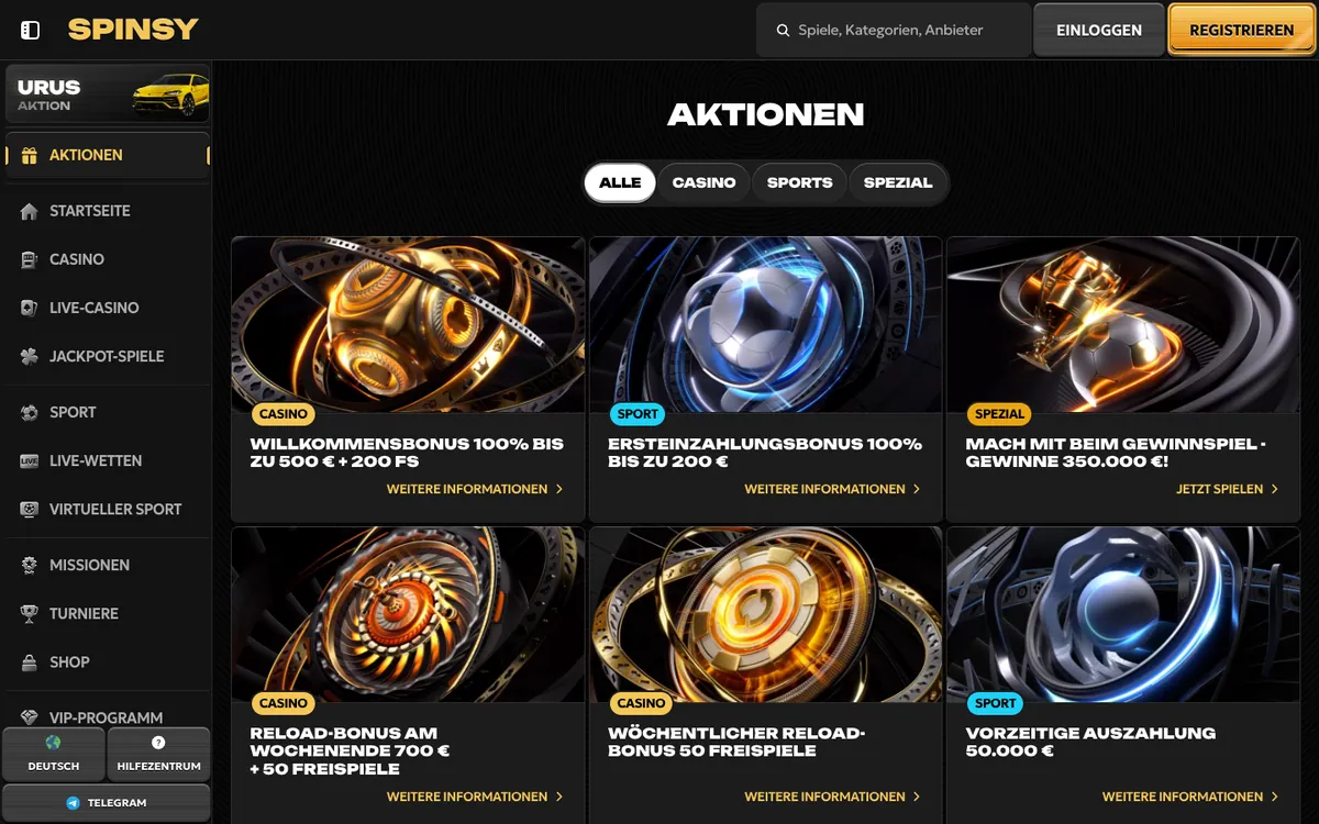 Aktionsseite von Spinsy, Screenshot vom 5. September 2026.